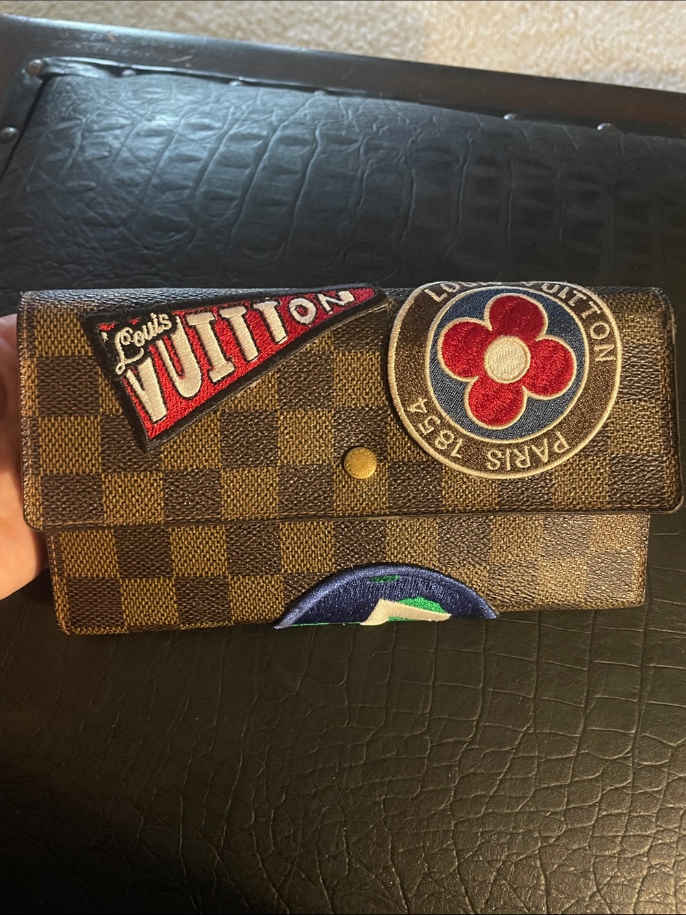 Louis Vuitton Damier Ebene custom Patch Continental Wallet repaired